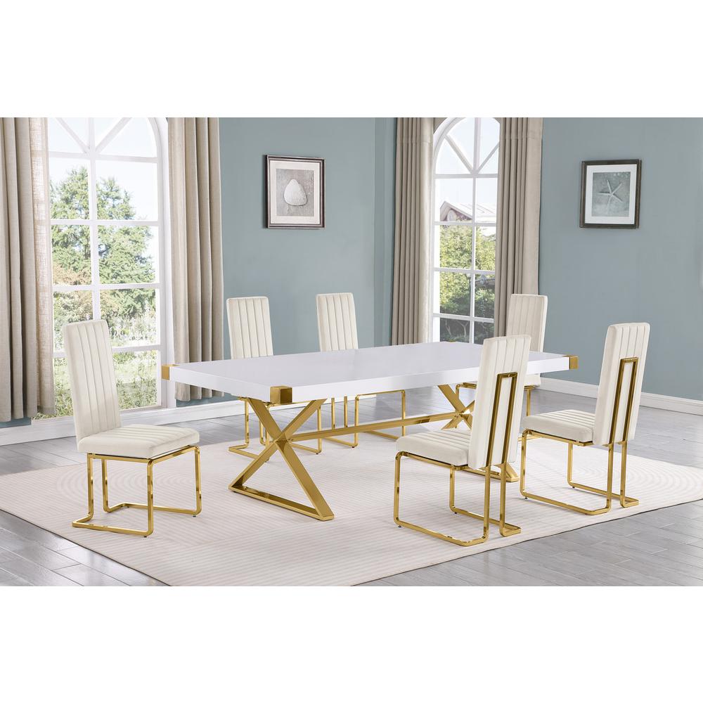 7pc Large(94″) white wood top dining set with gold base and 6 Cream side chairs