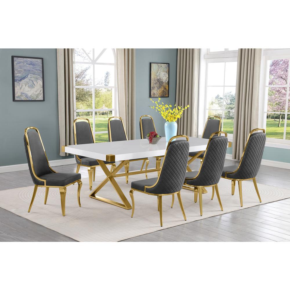 9pc Large(94″) white wood top dining set with gold base and 8 chairs