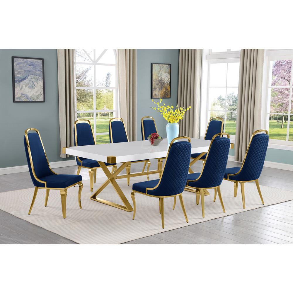 9pc Large(94″) white wood top dining set with gold base and 8 chairs