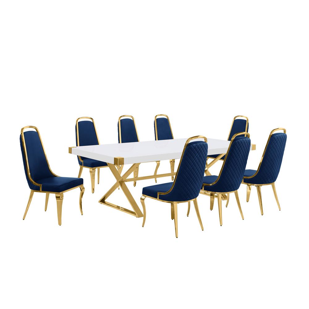 9pc Large(94″) white wood top dining set with gold base and 8 chairs