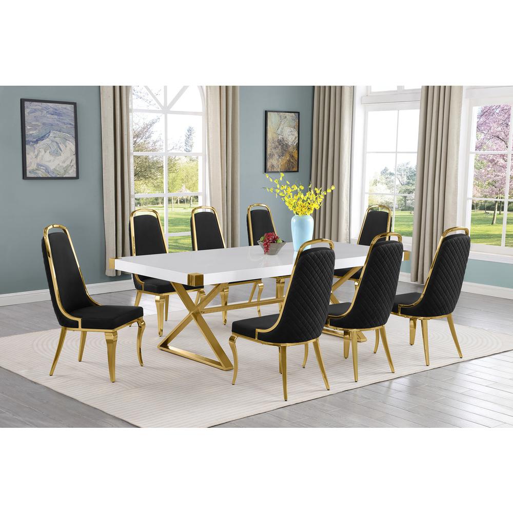 9pc Large(94″) white wood top dining set with gold base and 8 Black side chairs
