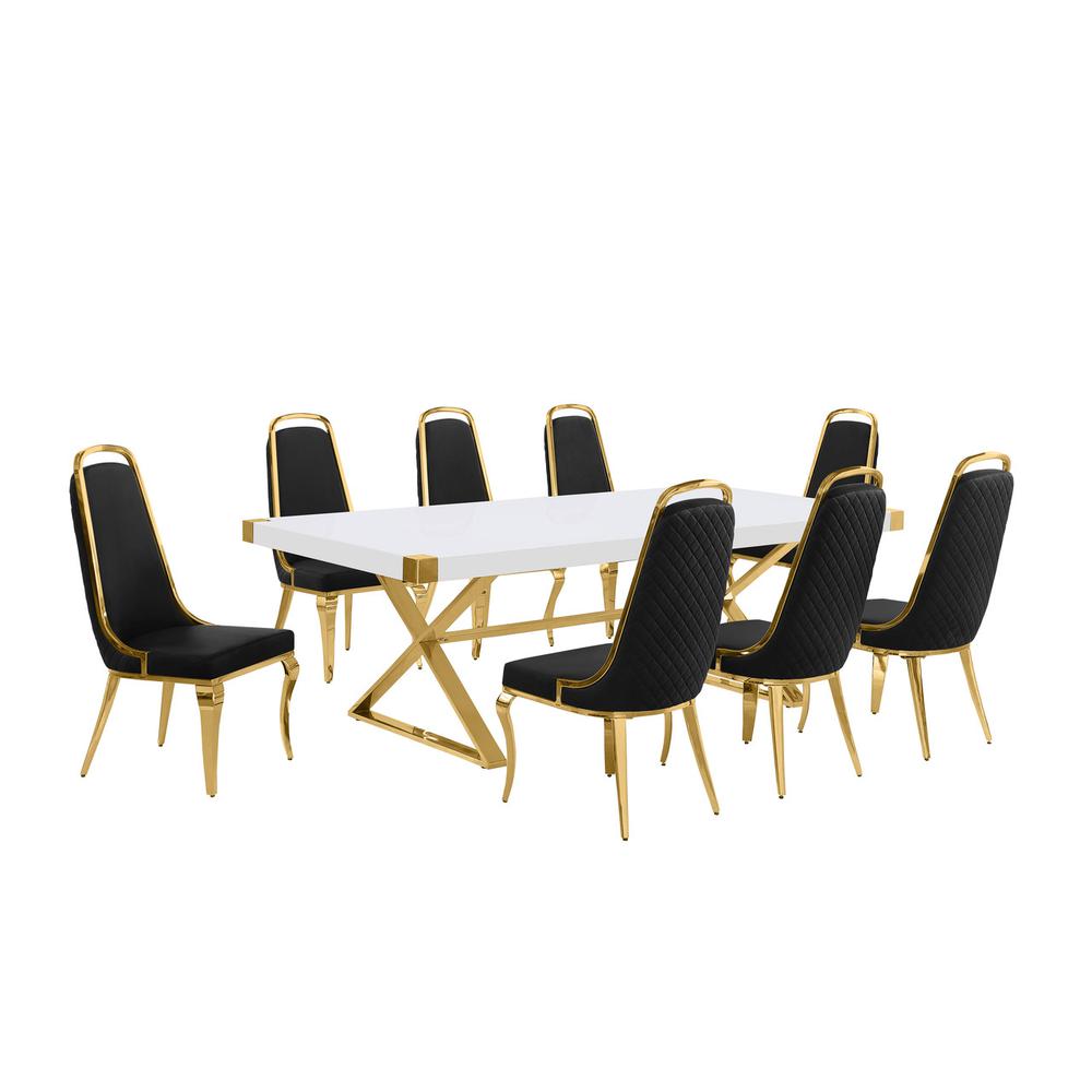 9pc Large(94″) white wood top dining set with gold base and 8 Black side chairs