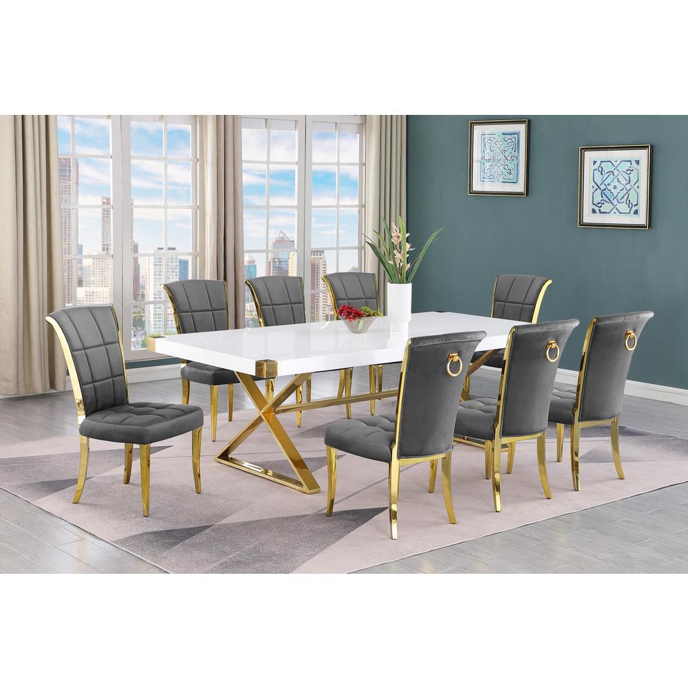 9pc Large(94″) white wood top dining set with gold base and 8 chairs