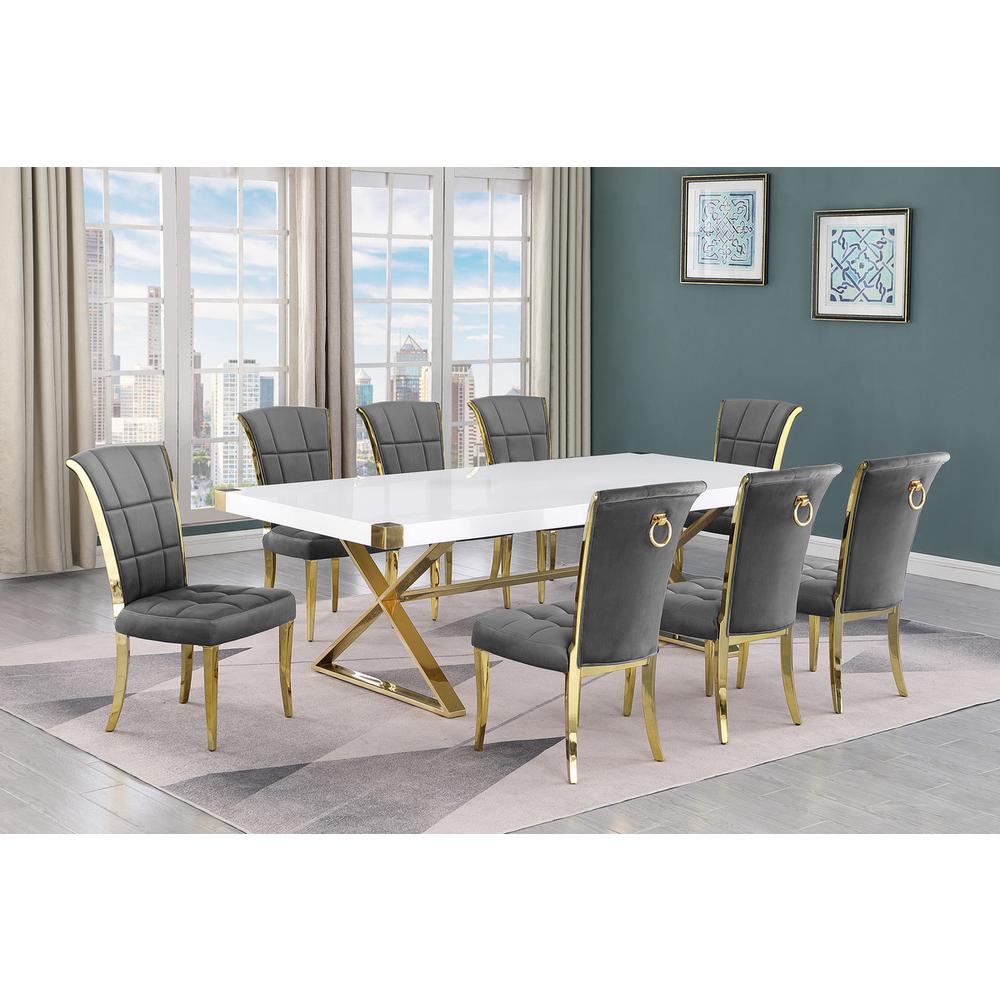 9pc Large(94″) white wood top dining set with gold base and 8 chairs