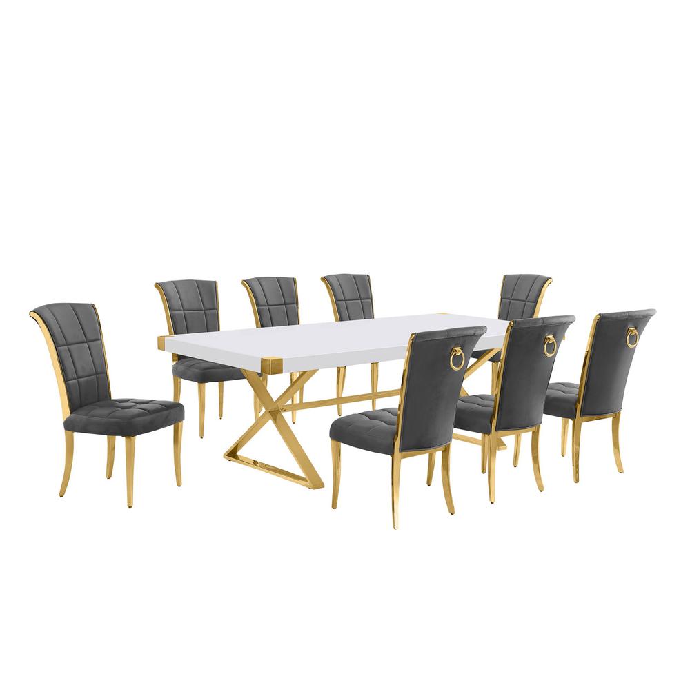 9pc Large(94″) white wood top dining set with gold base and 8 chairs
