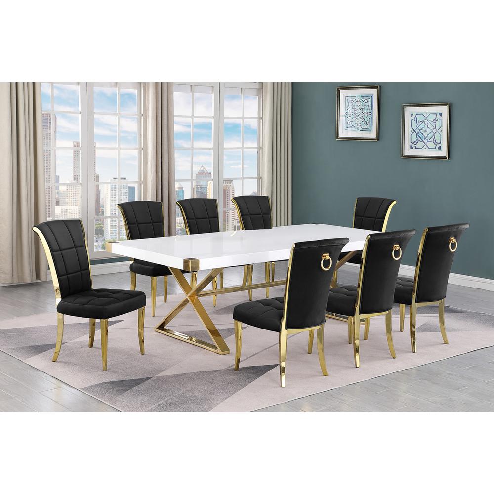 9pc Large(94″) white wood top dining set with gold base and 8 Black side chairs