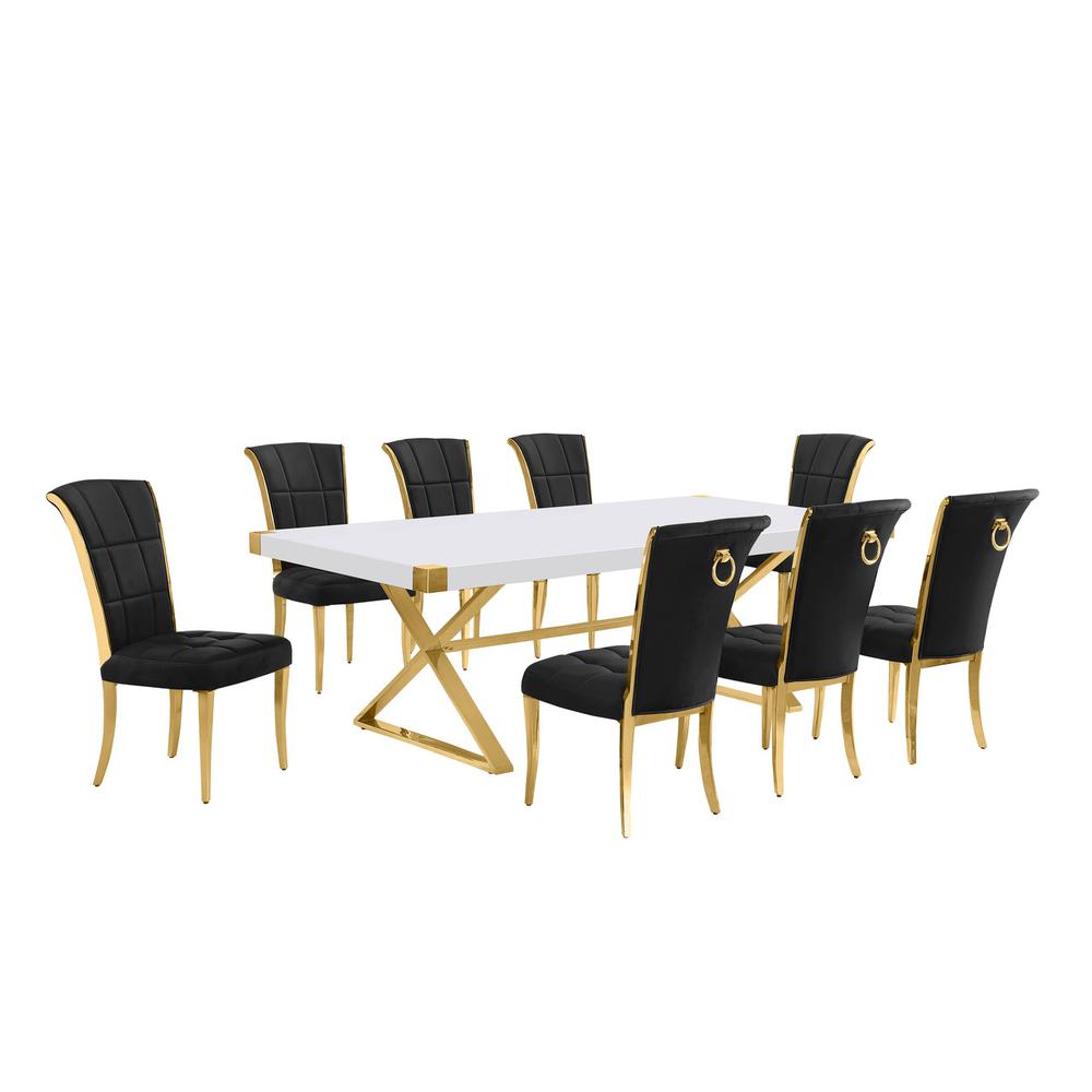 9pc Large(94″) white wood top dining set with gold base and 8 Black side chairs