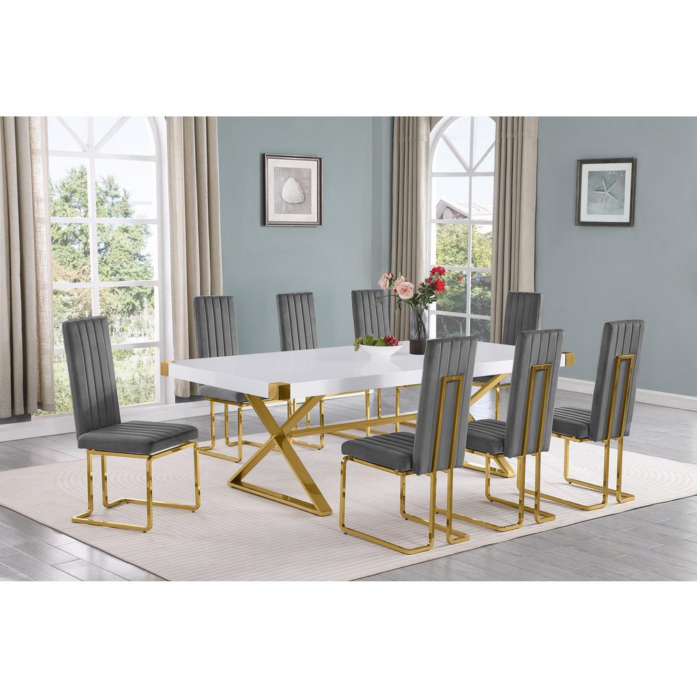 9pc Large(94″) white wood top dining set with gold base and 8 chairs