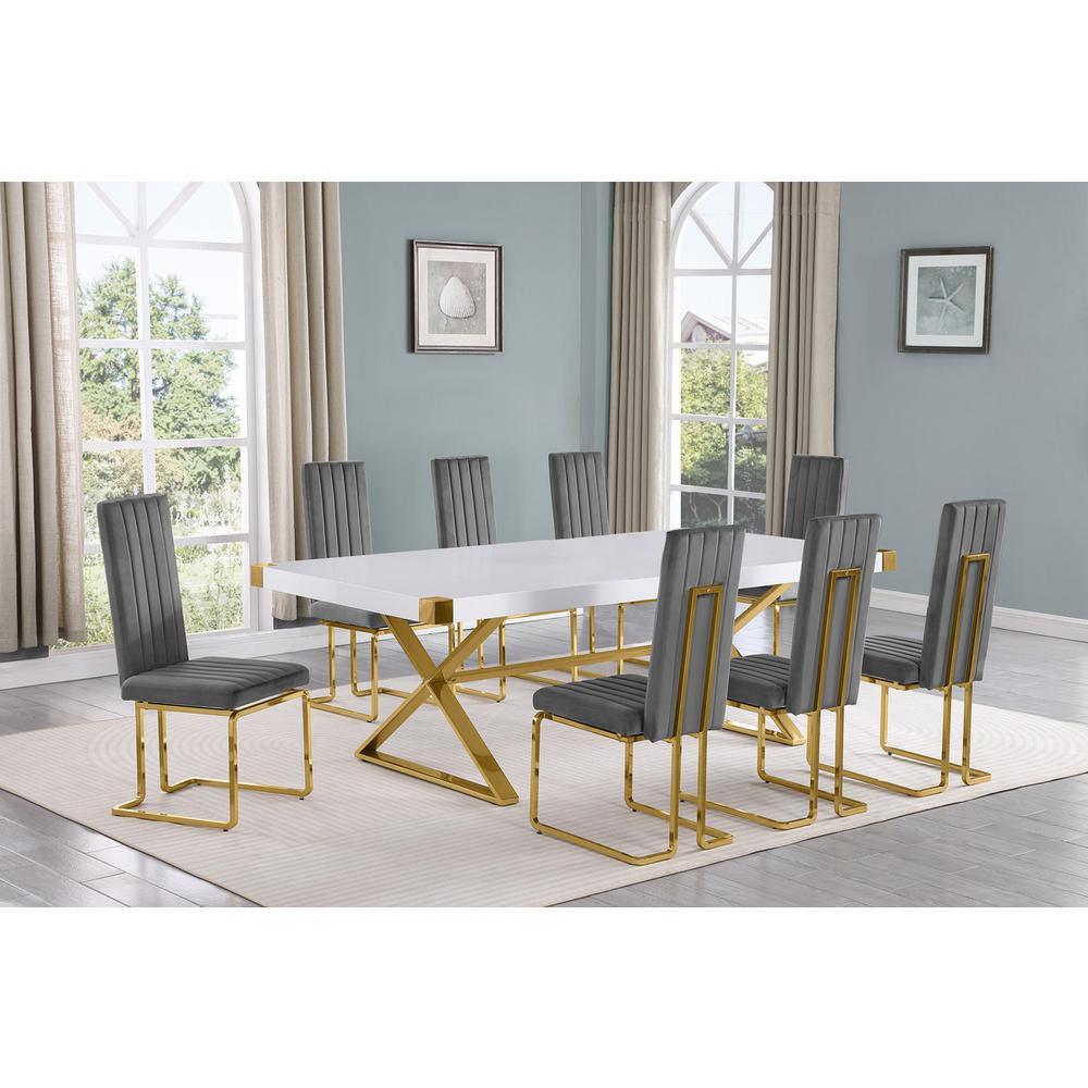 9pc Large(94″) white wood top dining set with gold base and 8 chairs