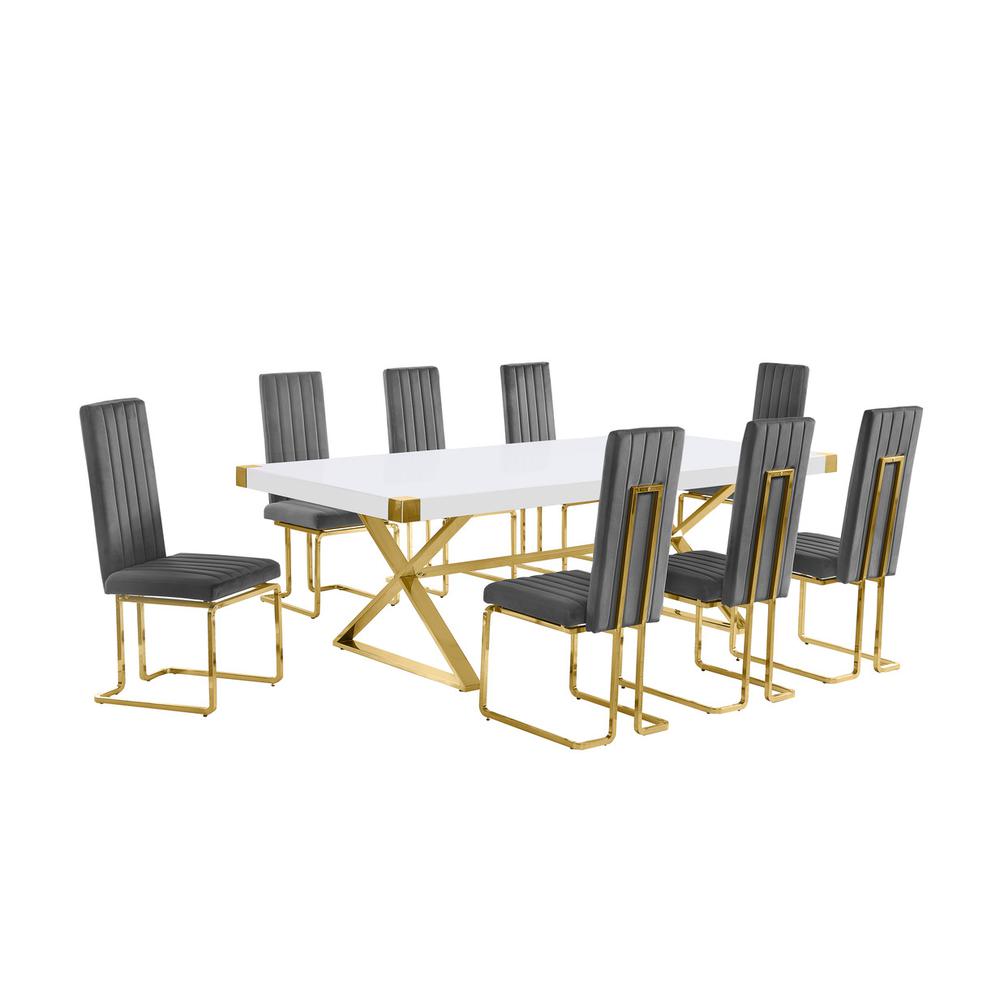 9pc Large(94″) white wood top dining set with gold base and 8 chairs