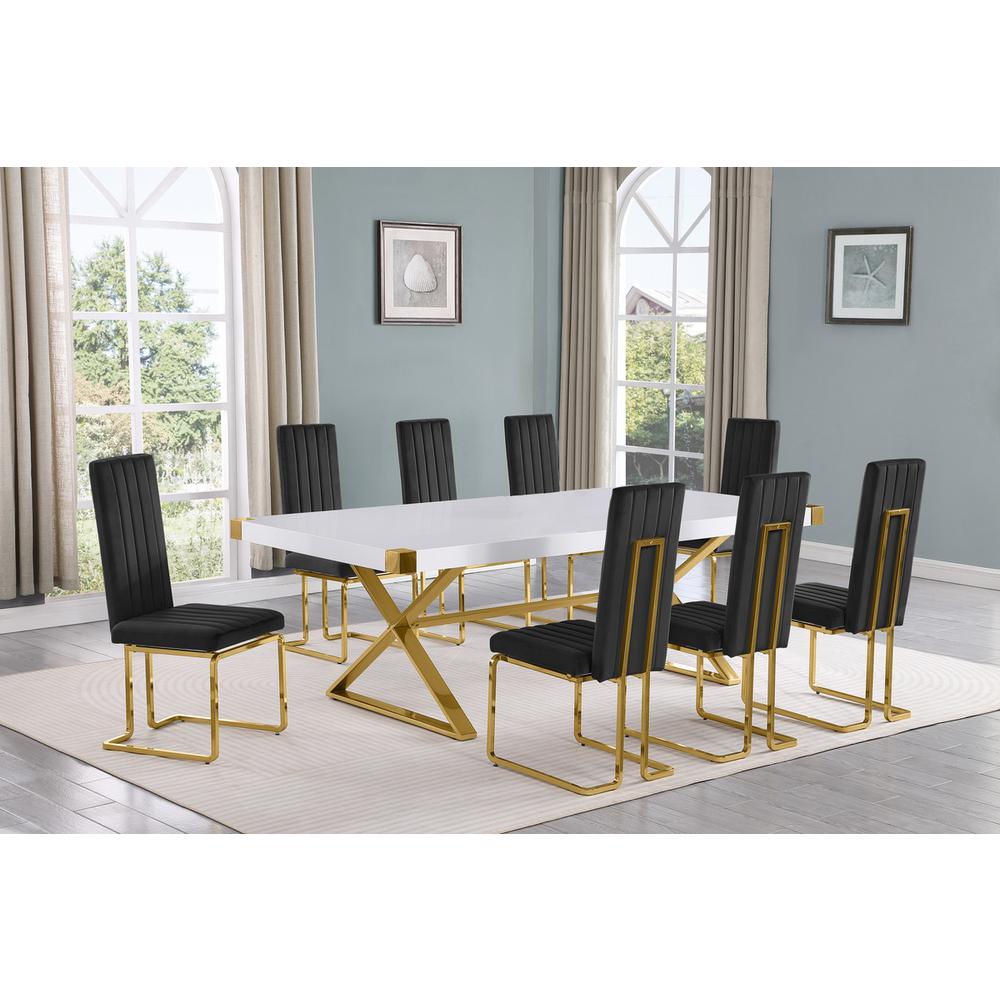 9pc Large(94″) white wood top dining set with gold base and 8 Black side chairs
