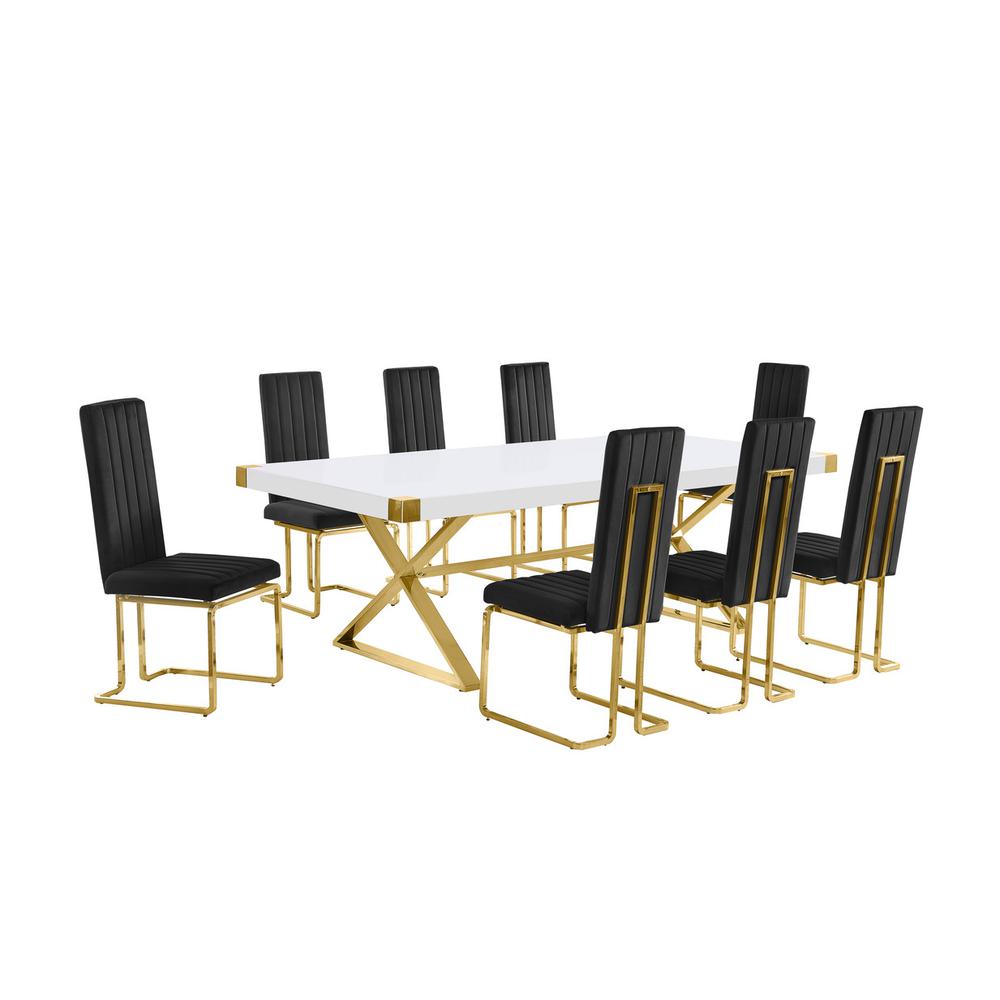 9pc Large(94″) white wood top dining set with gold base and 8 Black side chairs