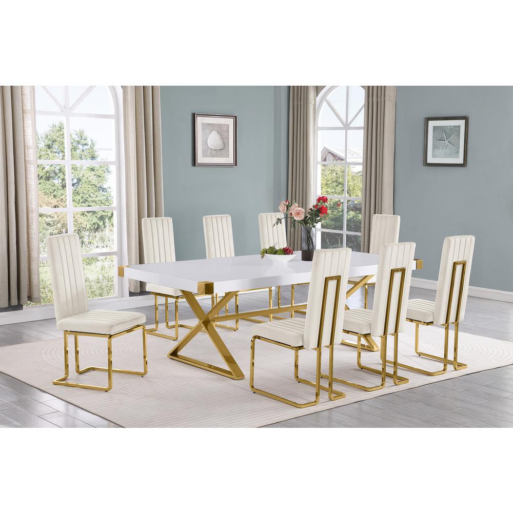 9pc Large(94″) white wood top dining set with gold base and 8 Cream side chairs