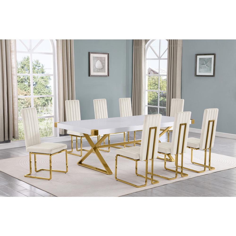 9pc Large(94″) white wood top dining set with gold base and 8 Cream side chairs