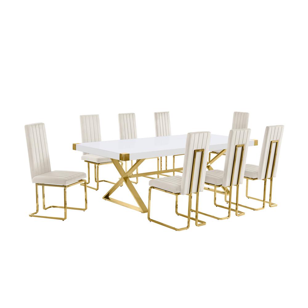 9pc Large(94″) white wood top dining set with gold base and 8 Cream side chairs
