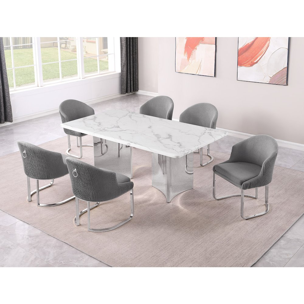 7pc Rectangular Dining Table Set with White Marble Top and Dark Gray Chairs