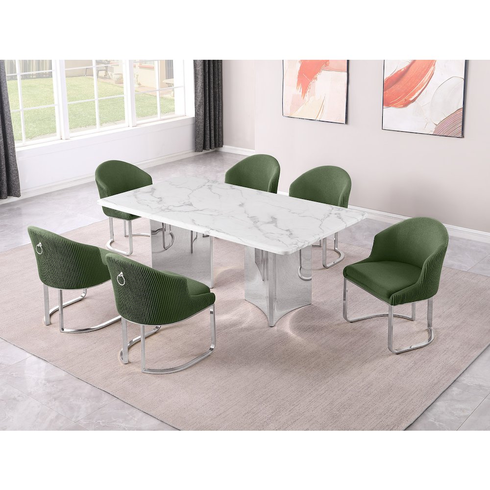 7pc Rectangular Dining Table Set with White Marble Top and Green Chairs