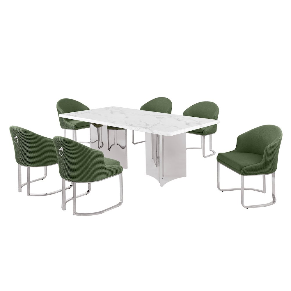 7pc Rectangular Dining Table Set with White Marble Top and Green Chairs