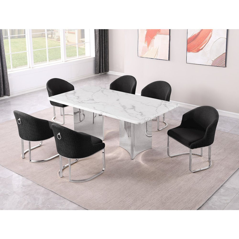 7pc Rectangular Dining Table Set with White Marble Top and Black Chairs