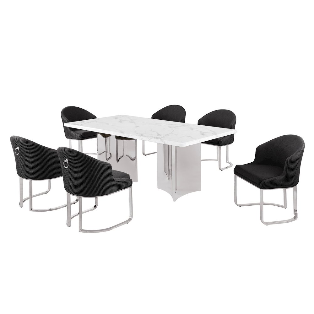 7pc Rectangular Dining Table Set with White Marble Top and Black Chairs