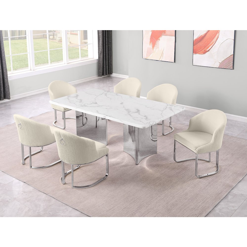 7pc Rectangular Dining Table Set with White Marble Top and Cream Chairs