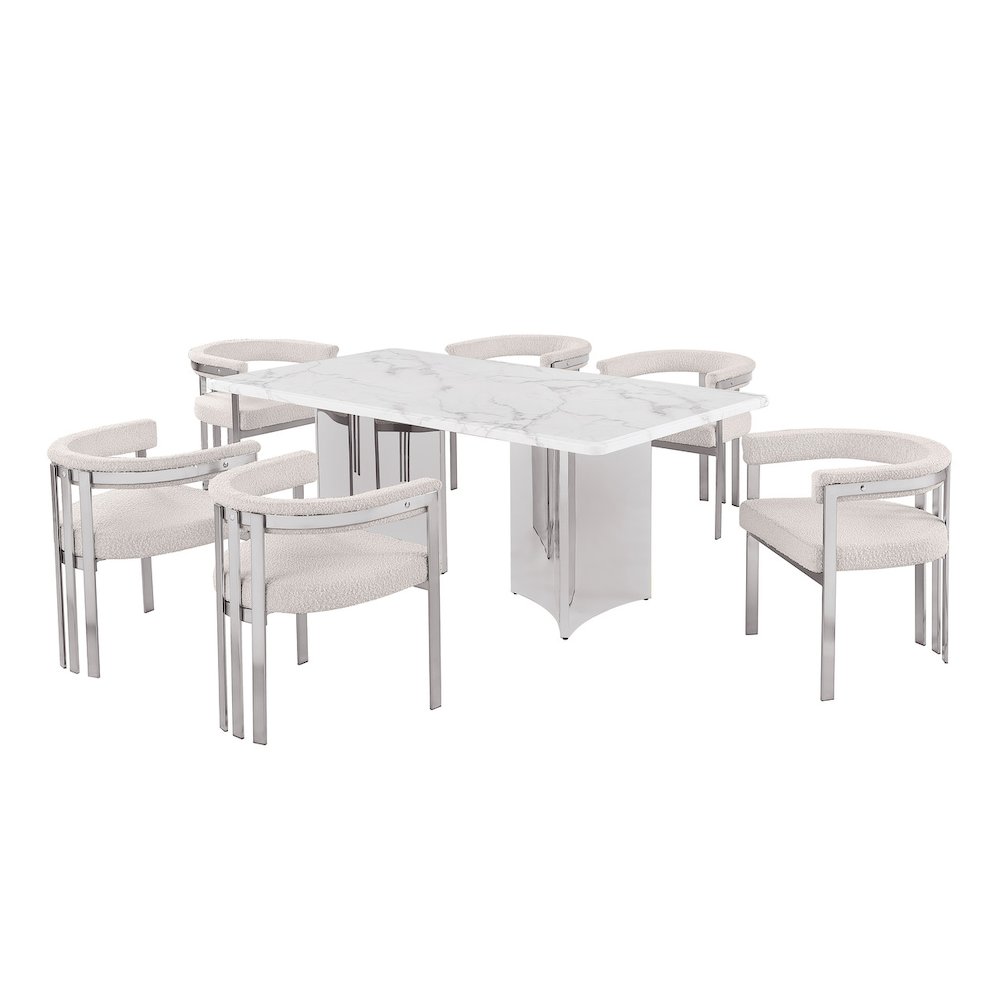 7pc 38mm Marble Top Dining Set 6 Cream Chiars