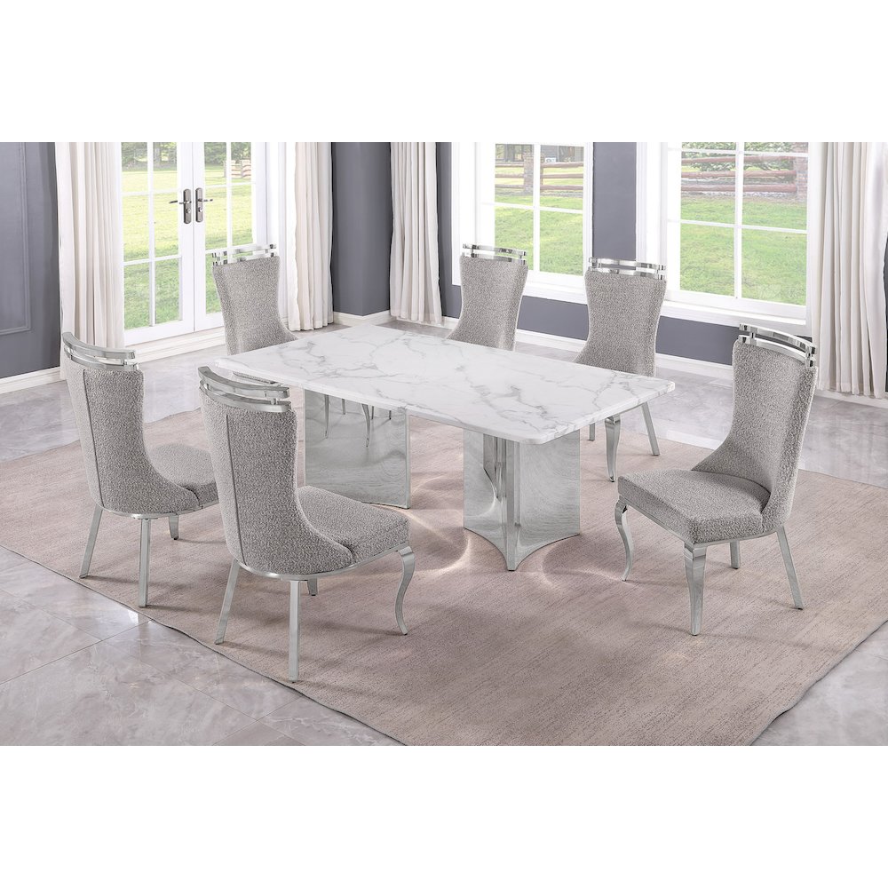 7pc Rectangular Dining Table Set with White Marble Top and Rich Gray Chairs