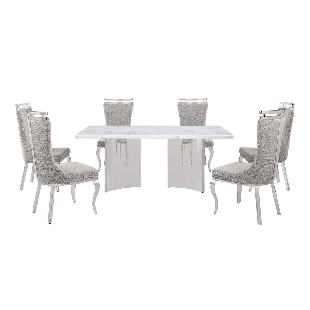 7pc Rectangular Dining Table Set with White Marble Top and Rich Gray Chairs