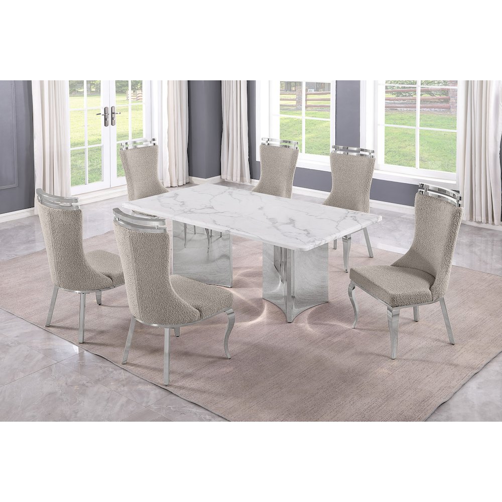 7pc Rectangular Dining Table Set with White Marble Top and Gray Chairs