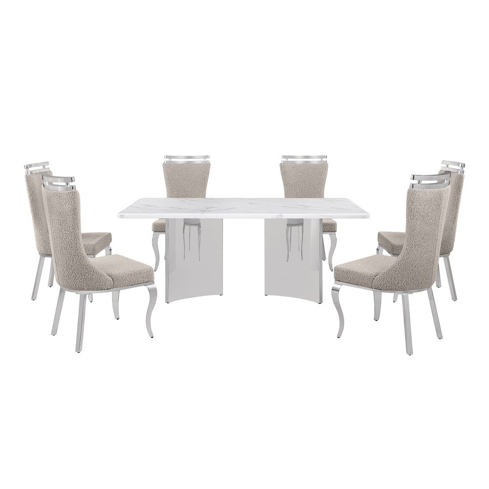 7pc Rectangular Dining Table Set with White Marble Top and Gray Chairs