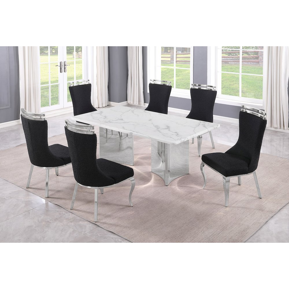 7pc Rectangular Dining Table Set with White Marble Top and Black Chairs