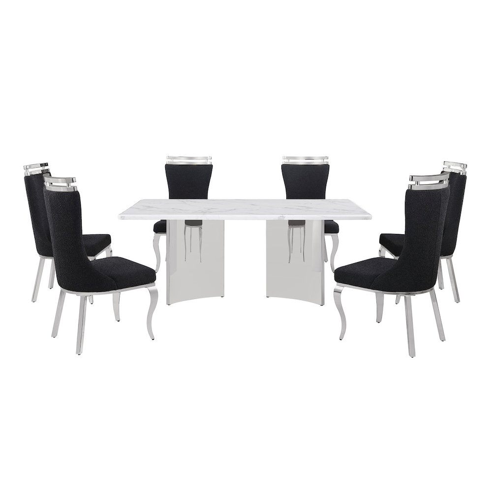 7pc Rectangular Dining Table Set with White Marble Top and Black Chairs