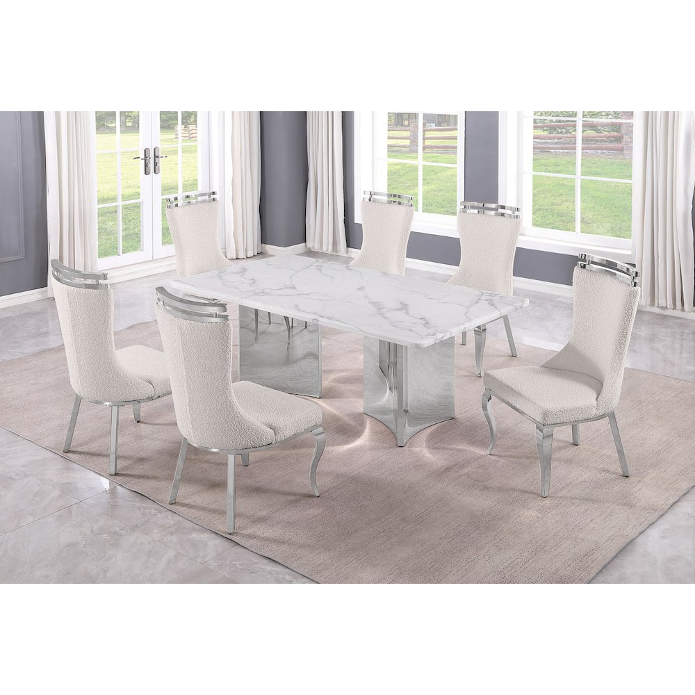 7pc Rectangular Dining Table Set with White Marble Top and Cream Chairs