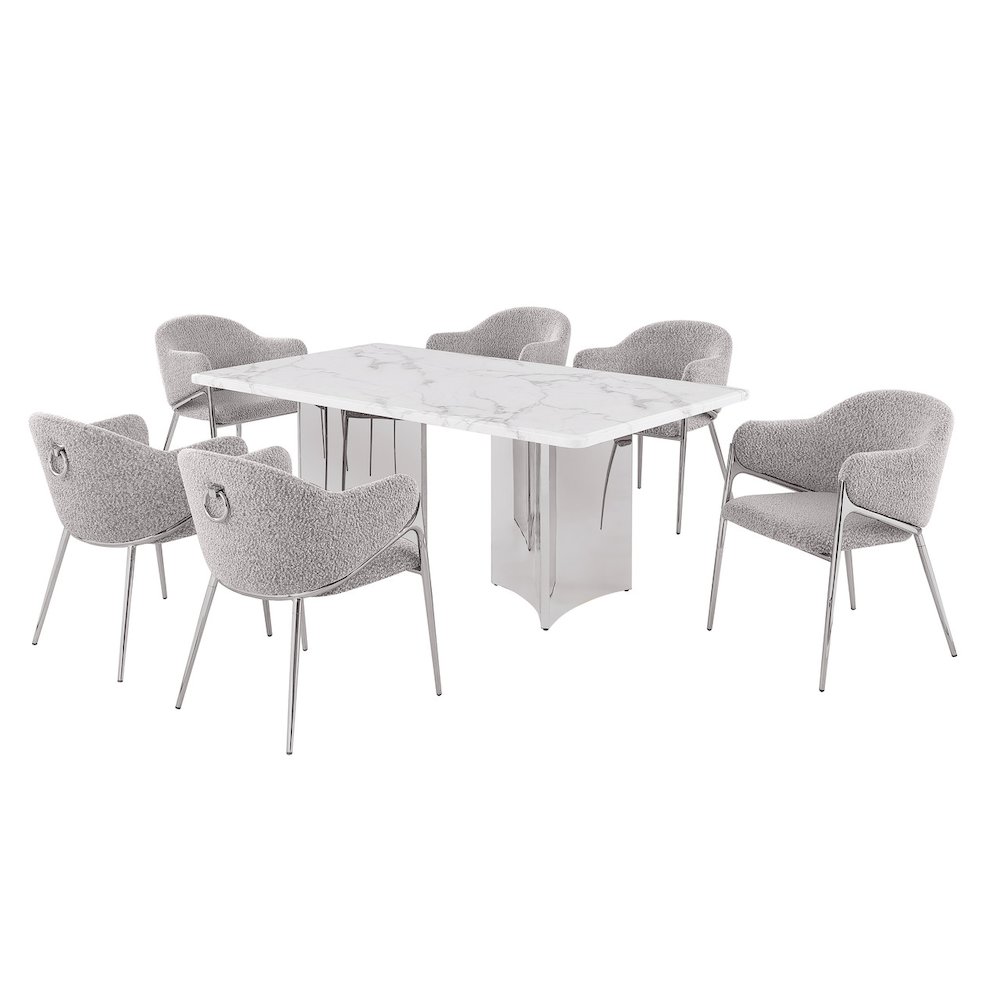 7pc 72″ Marble Top Dining Set 6 Rich Gray Chiars