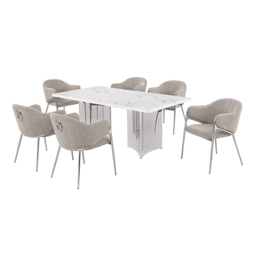 7pc 72″ Marble Top Dining Set 6 Gray Chiars