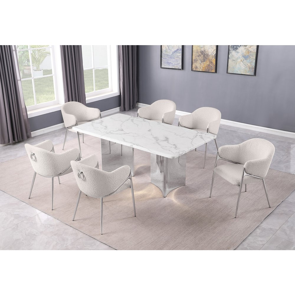 7pc 72″ Marble Top Dining Set 6 Cream Chiars