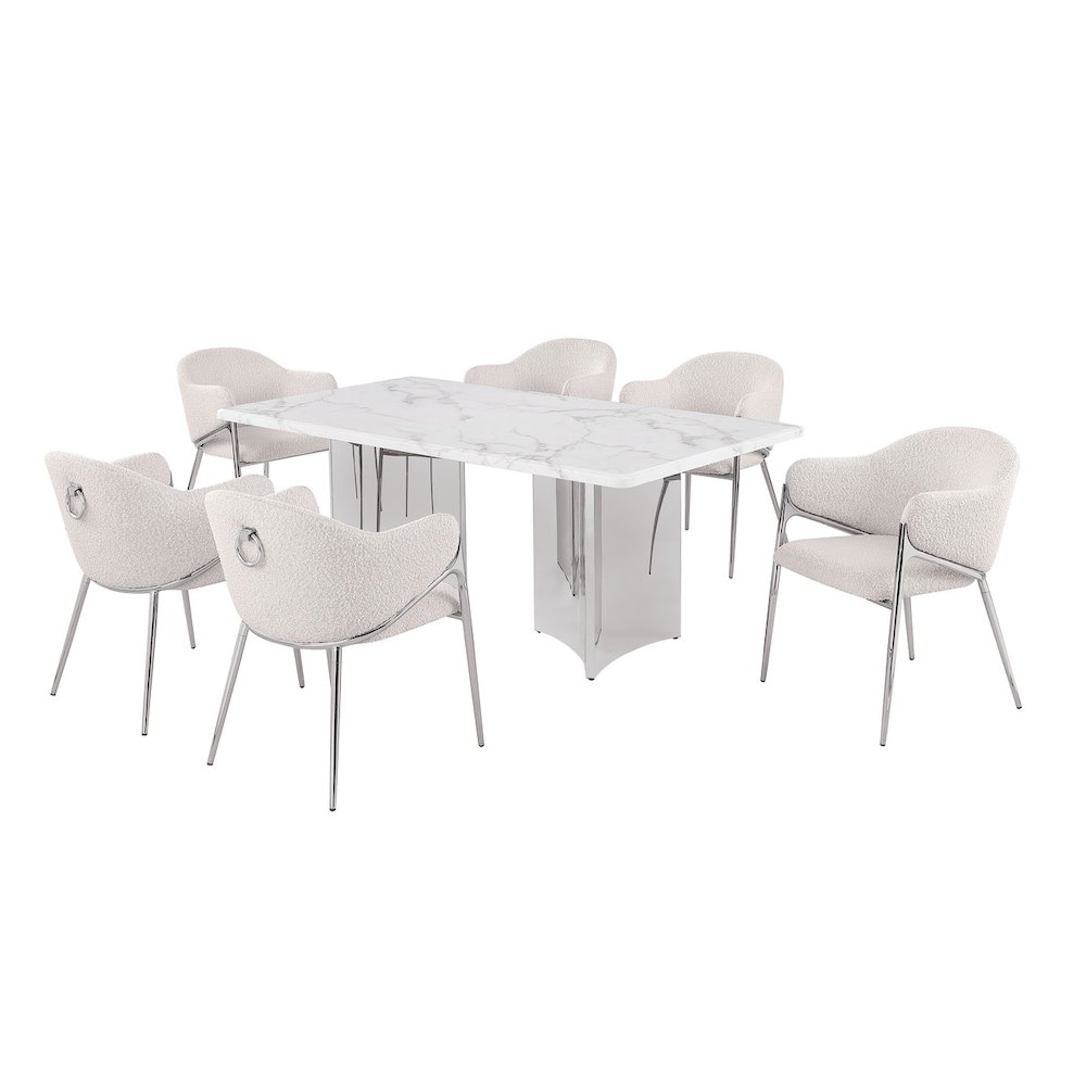 7pc 72″ Marble Top Dining Set 6 Cream Chiars