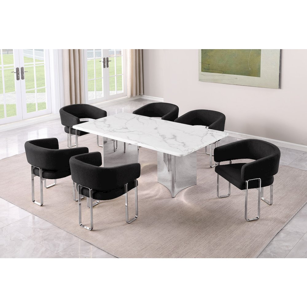 7pc Rectangular Dining Table Set with Marble Top with Black Tri-Leg Base Chairs
