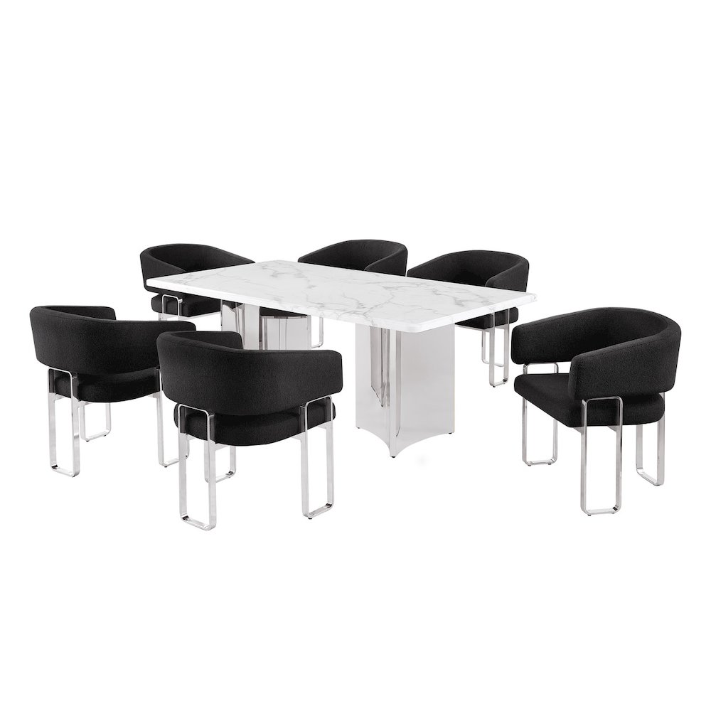 7pc Rectangular Dining Table Set with Marble Top with Black Tri-Leg Base Chairs