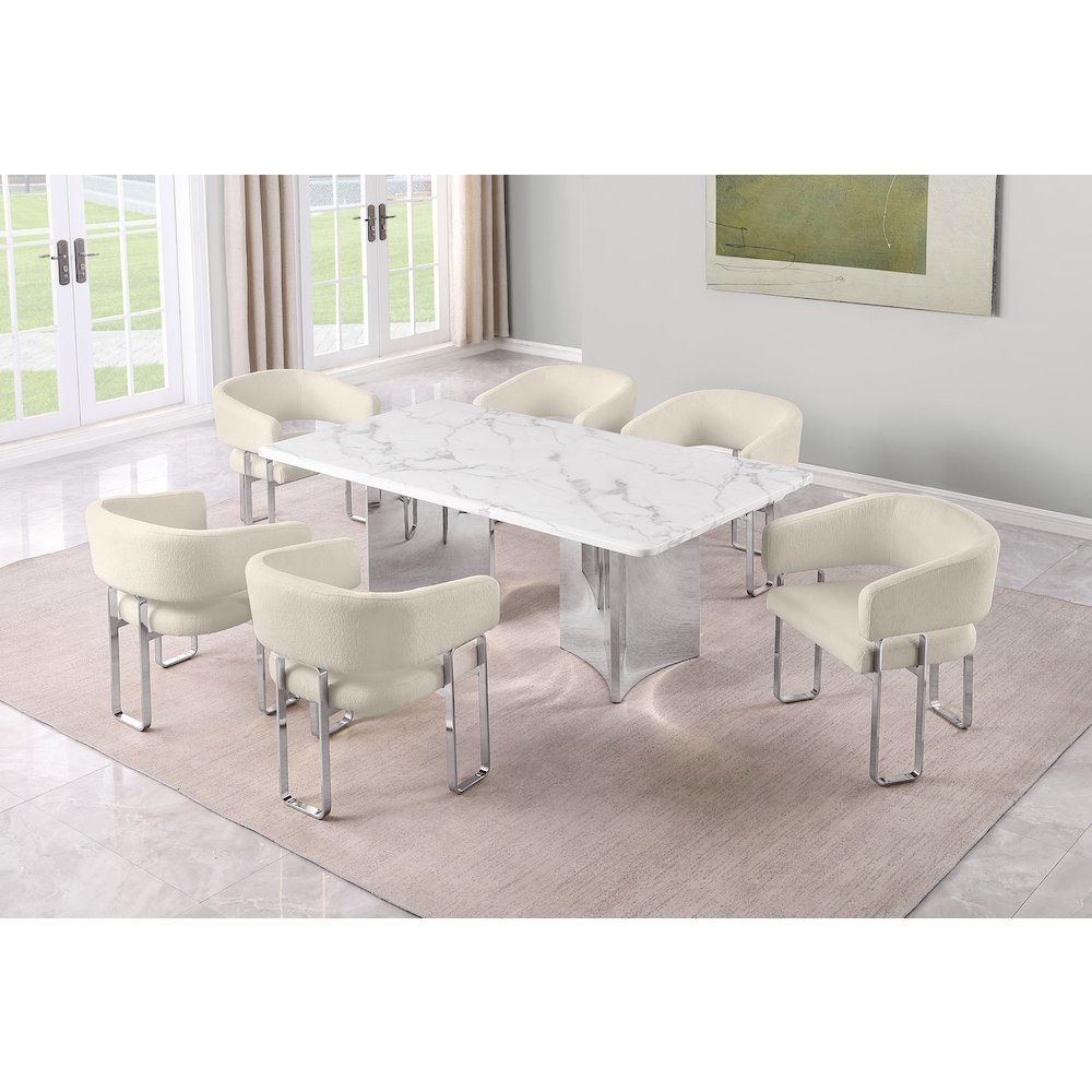 7pc Rectangular Dining Table Set with Marble Top with Cream Tri-Leg Base Chairs