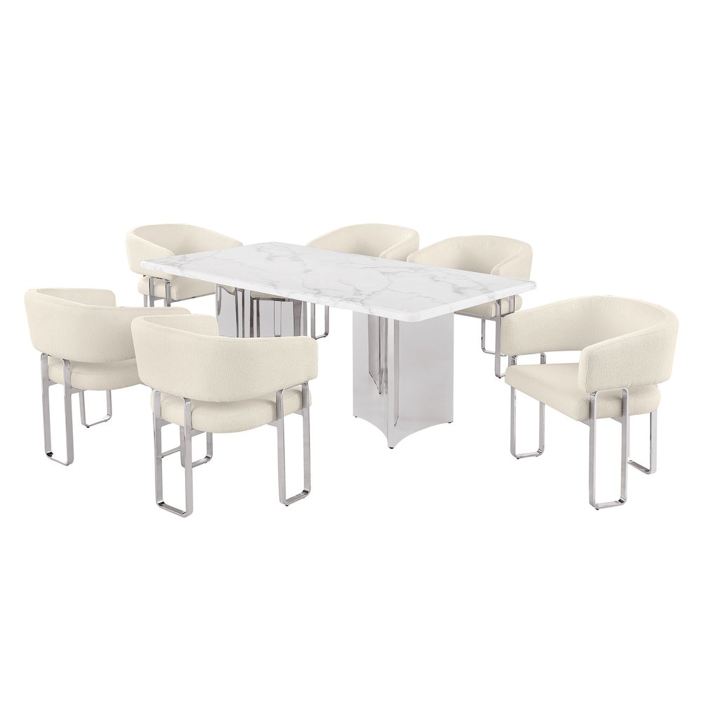 7pc Rectangular Dining Table Set with Marble Top with Cream Tri-Leg Base Chairs