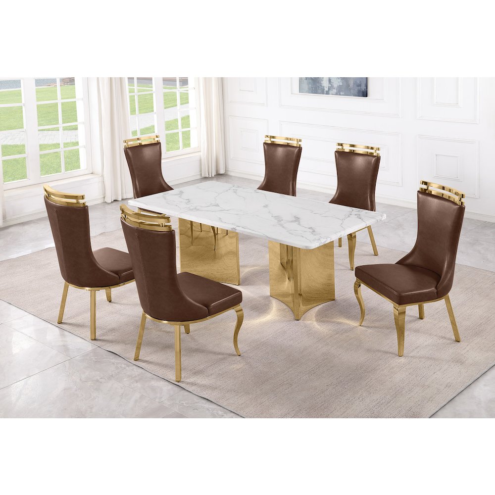 9pc Rectangular White Marble Top with 8 Mocha Boucle Fabric Chairs
