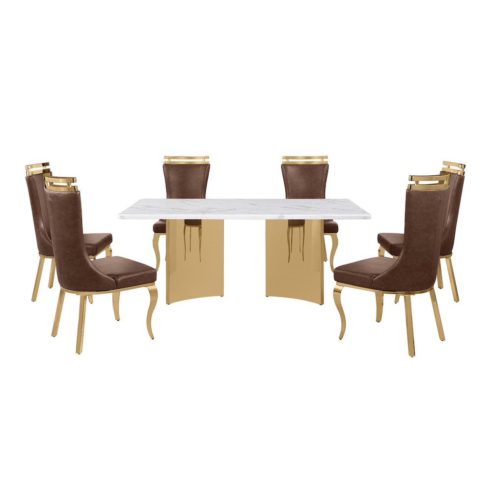 9pc Rectangular White Marble Top with 8 Mocha Boucle Fabric Chairs