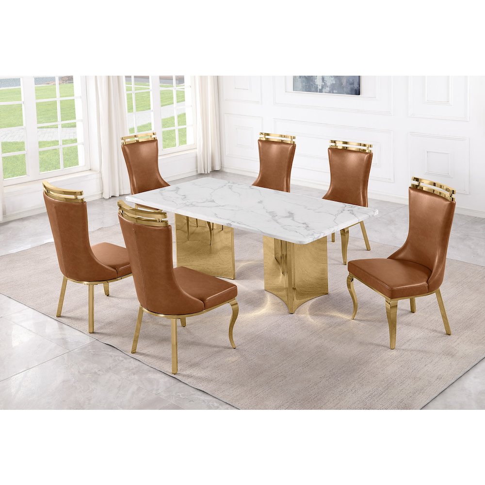 9pc Rectangular White Marble Top with Toffee Boucle Fabric Chairs