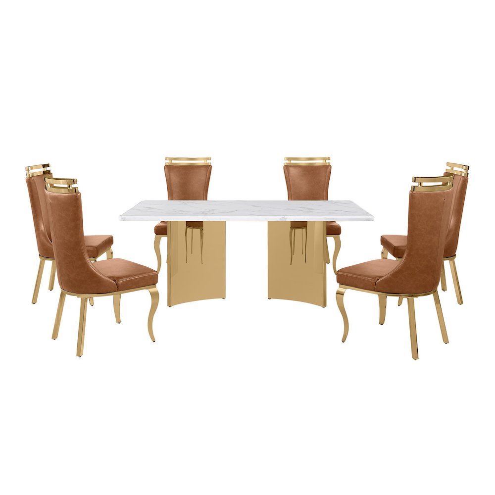 9pc Rectangular White Marble Top with Toffee Boucle Fabric Chairs
