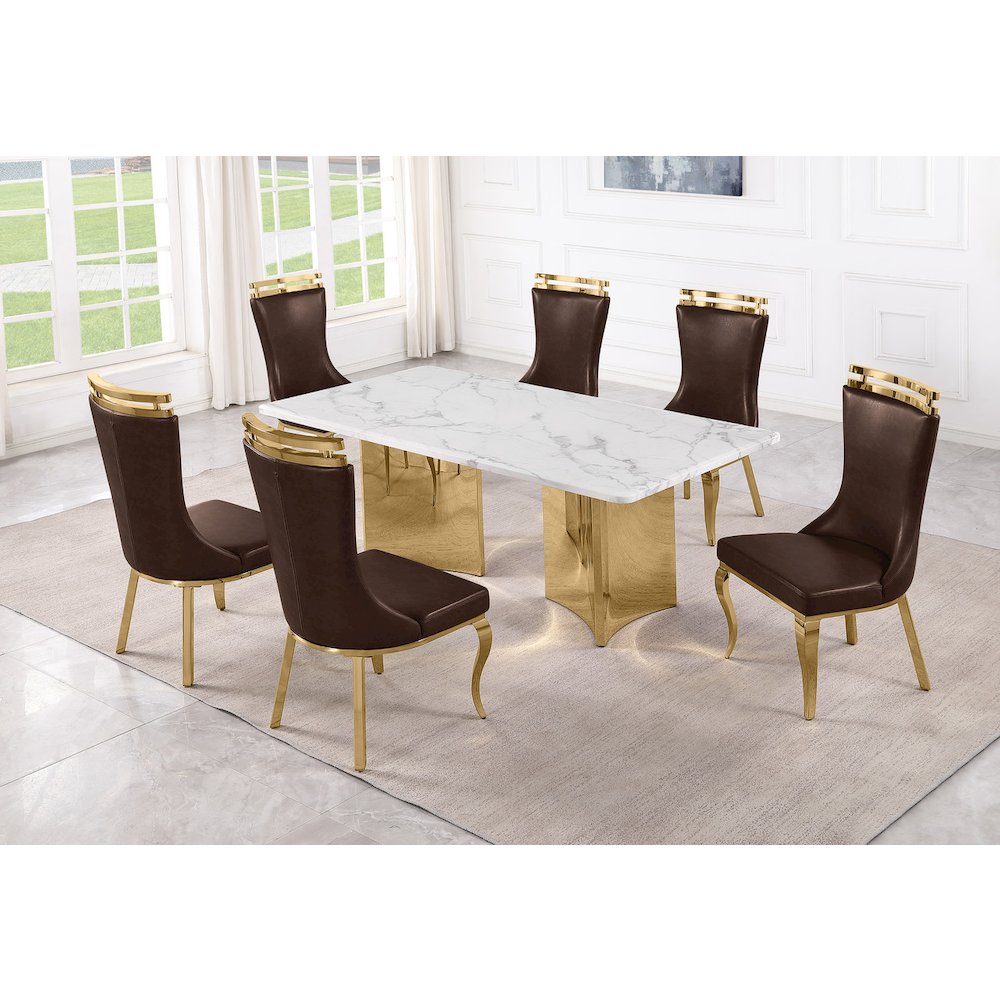 9pc Rectangular White Marble Top with Espresso Boucle Fabric Chairs