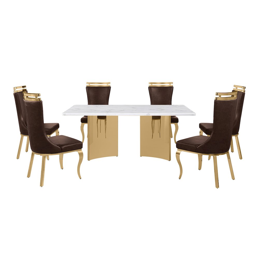 9pc Rectangular White Marble Top with Espresso Boucle Fabric Chairs