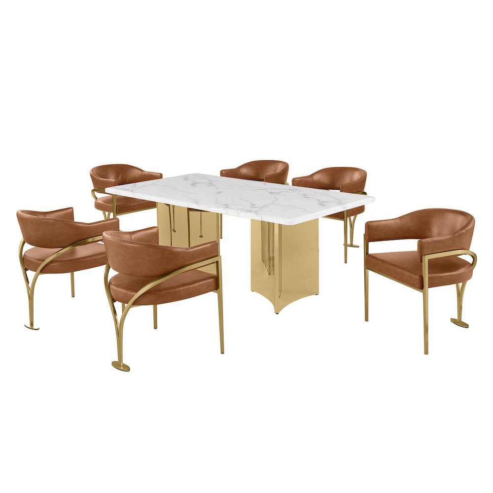 7pc 38mm Marble Top Dining Set with 6 Toffee Chairs