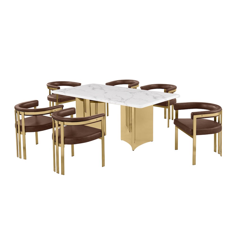 7pc 72″ Marble Top Dining Set with 6 Mocha Chairs