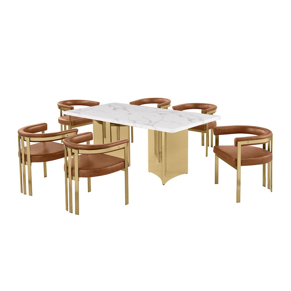 7pc 72″ Marble Top Dining Set with 6 Toffee Chairs